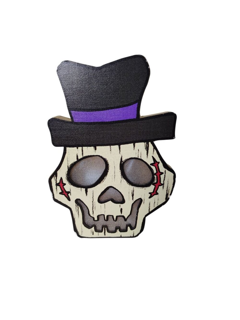 Halloween 8 In LED Light Up Wooden Skull Top Hat Wall Hanging Decor Battery New